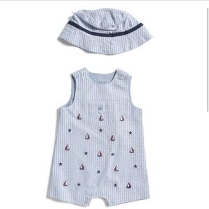 LITTLE ME Blue Newborn Boys Sailboat Sunsuit And Hat 8 months